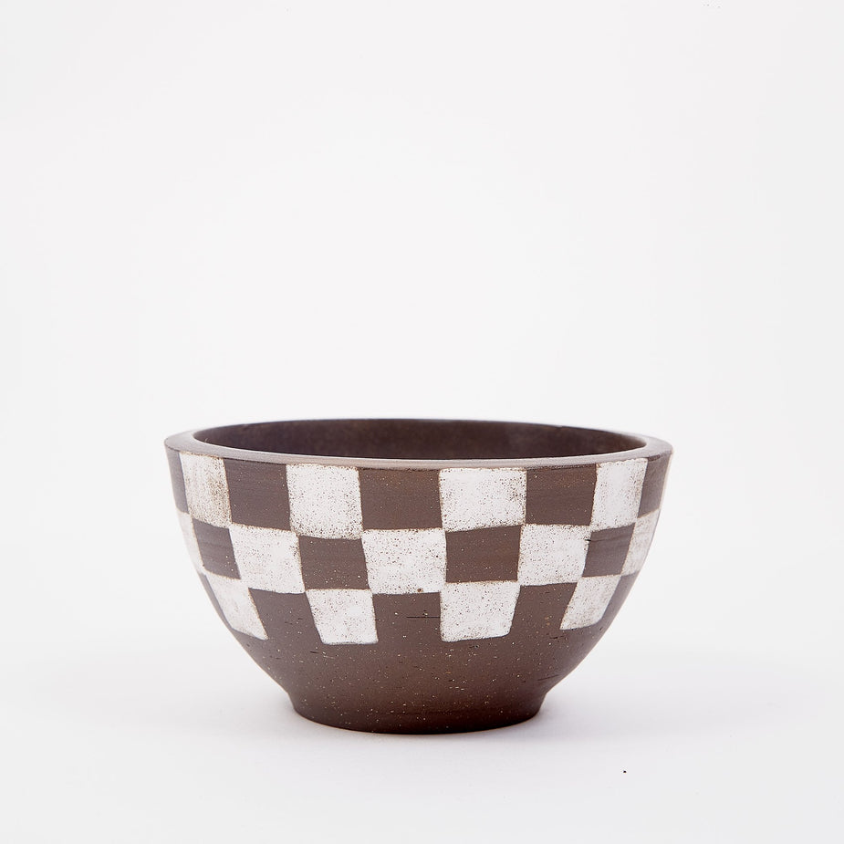 Mellow Mellow Large Incense Bowl - Half Painted Dark Brown Check - White