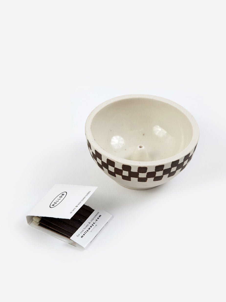 Mellow Mellow Medium Incense Bowl - Half Painted Porcelain Check - Brown