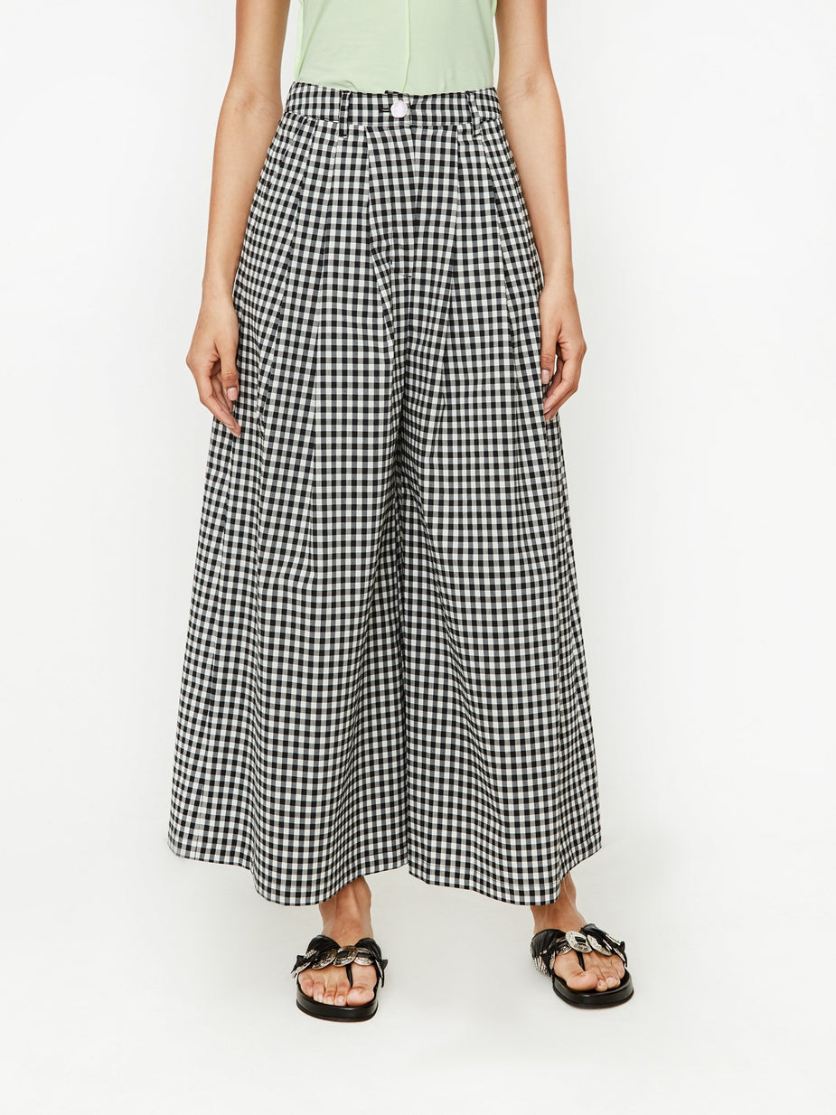 Neul Neul Button Detail 3 Tuck Wide Leg Trouser - Black Gingham - Black