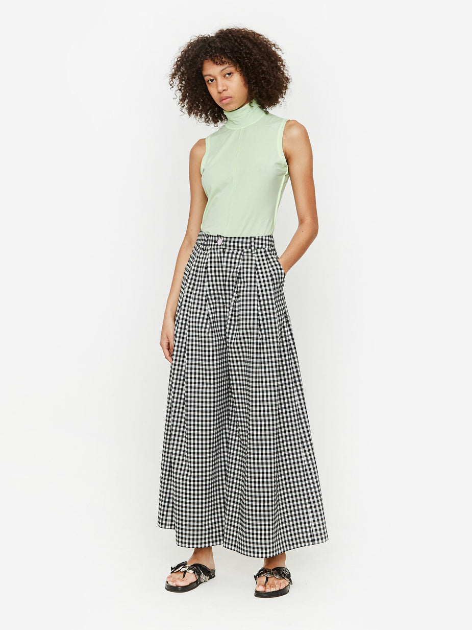 Neul Neul Button Detail 3 Tuck Wide Leg Trouser - Black Gingham - Black