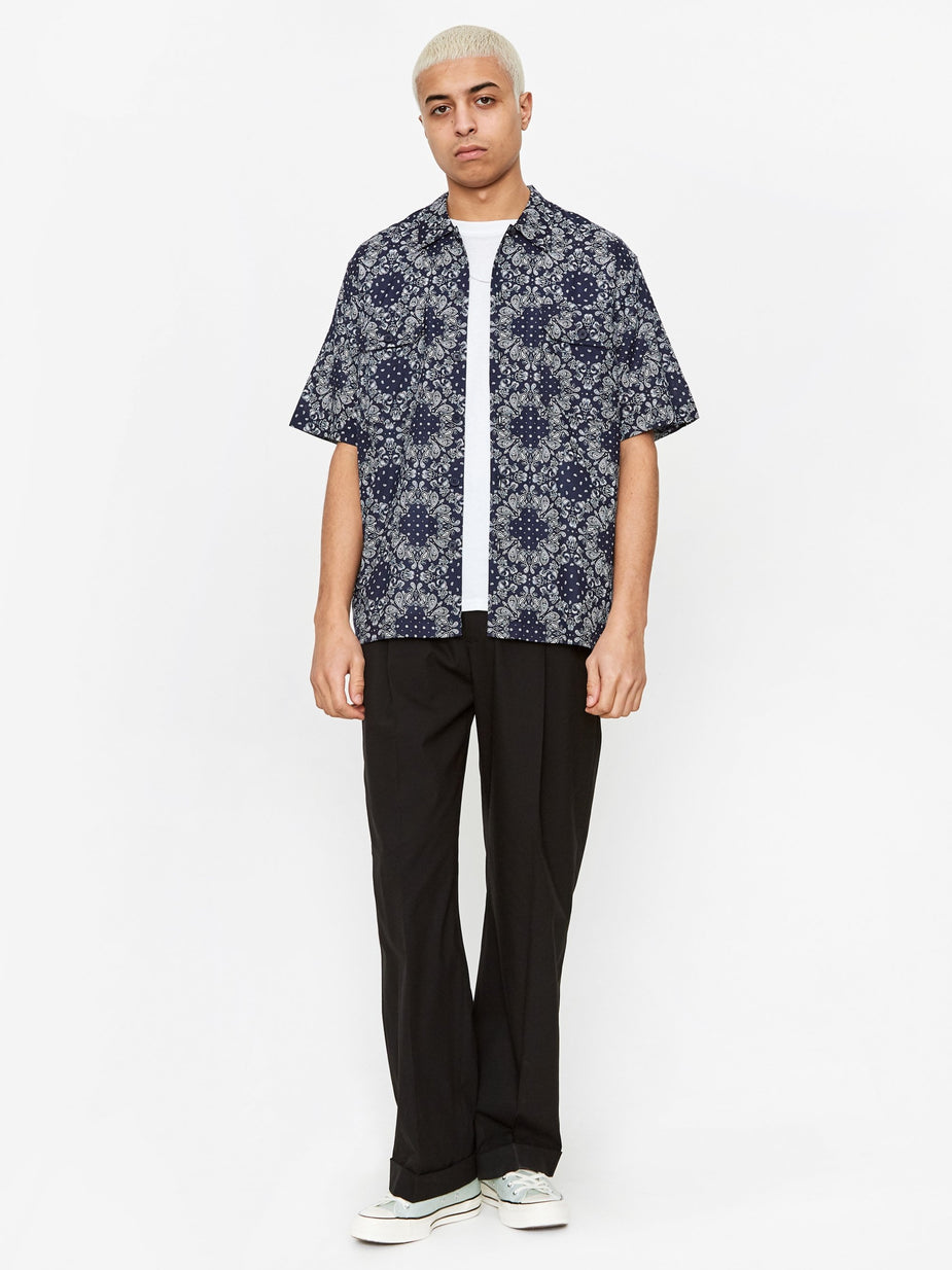 Universal Works Universal Works Utility Shortsleeve Shirt - Bandana Cotton Navy - Blue