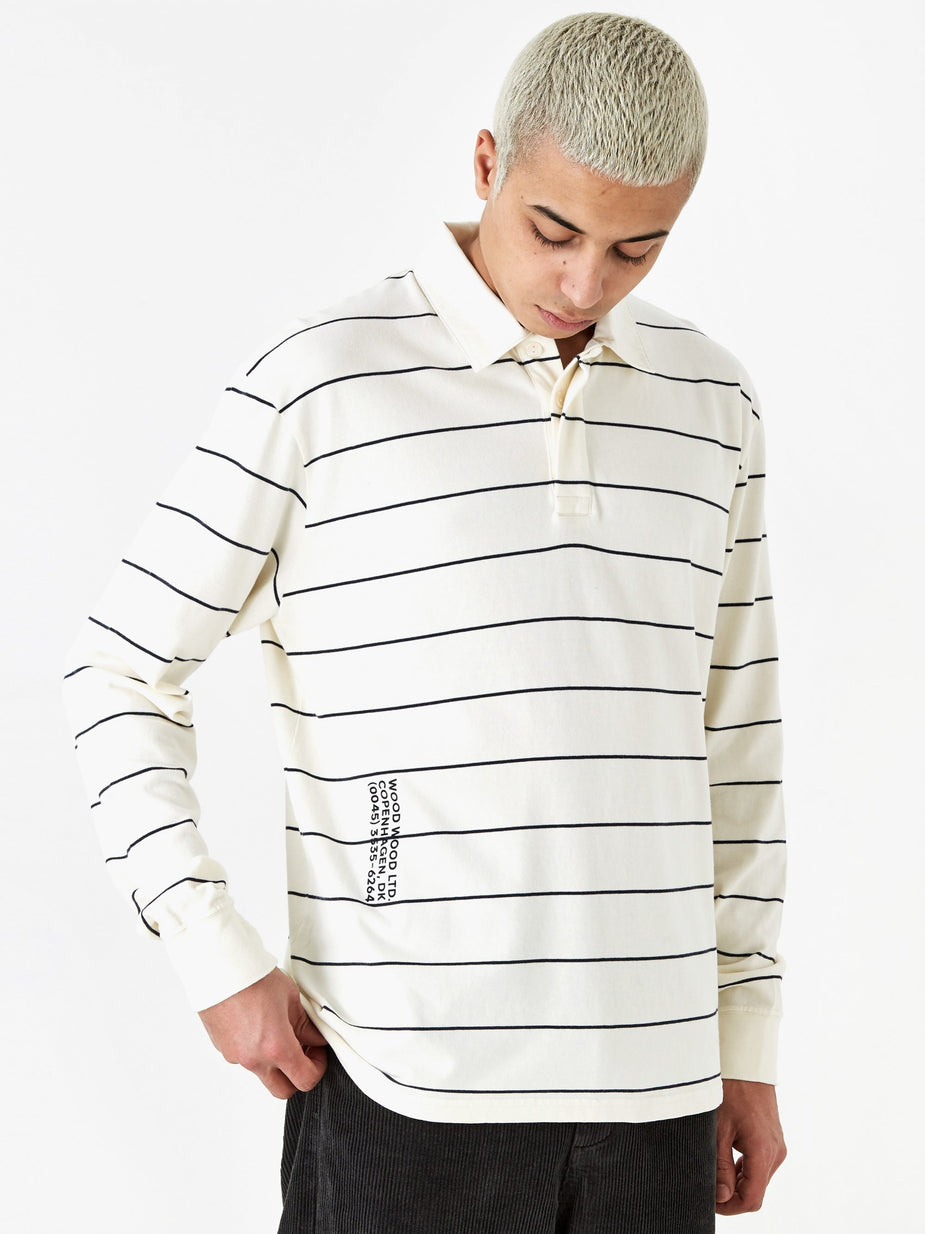 Wood Wood Wood Wood Beck Longsleeve Polo Top - Off White Stripe - White
