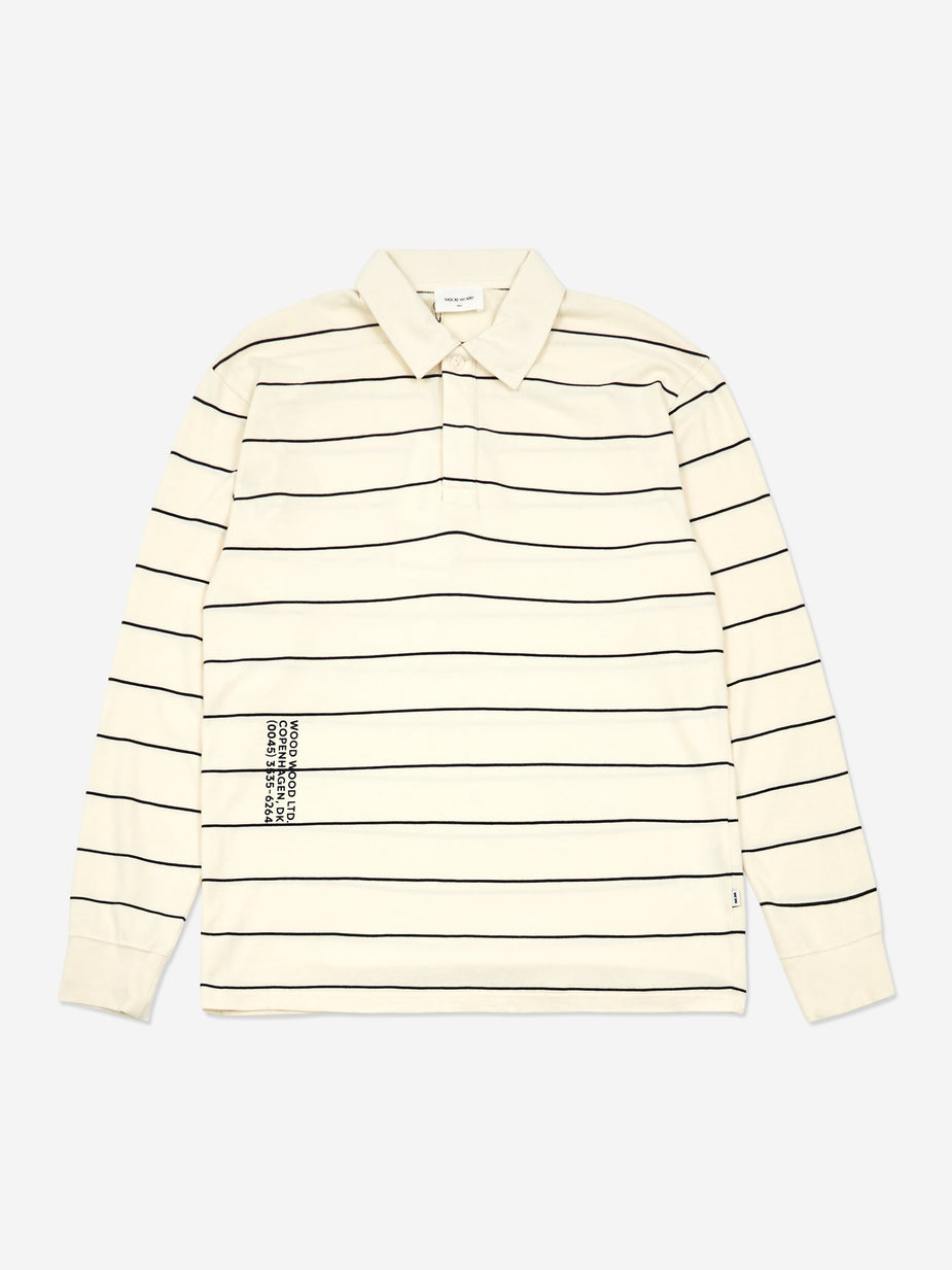 Wood Wood Wood Wood Beck Longsleeve Polo Top - Off White Stripe - White