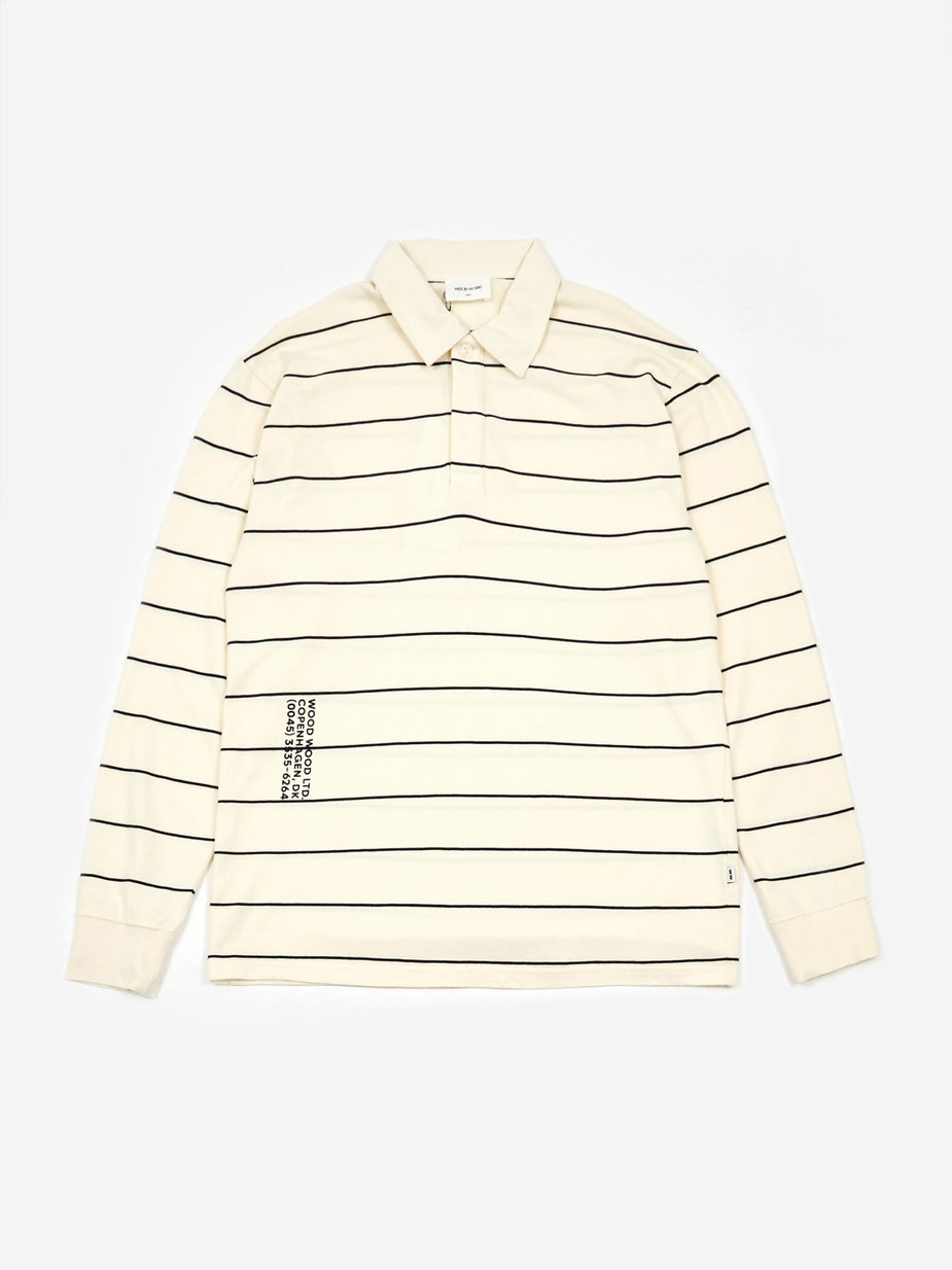 Wood Wood Wood Wood Beck Longsleeve Polo Top - Off White Stripe - White