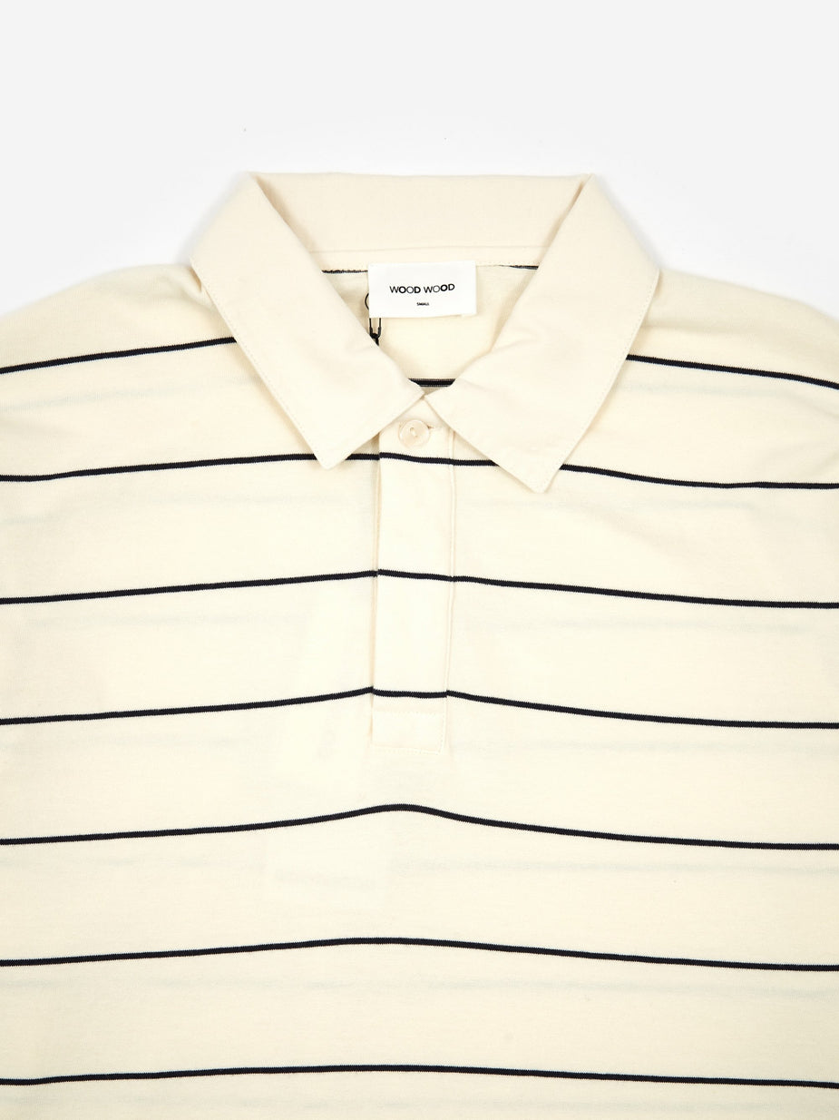 Wood Wood Wood Wood Beck Longsleeve Polo Top - Off White Stripe - White