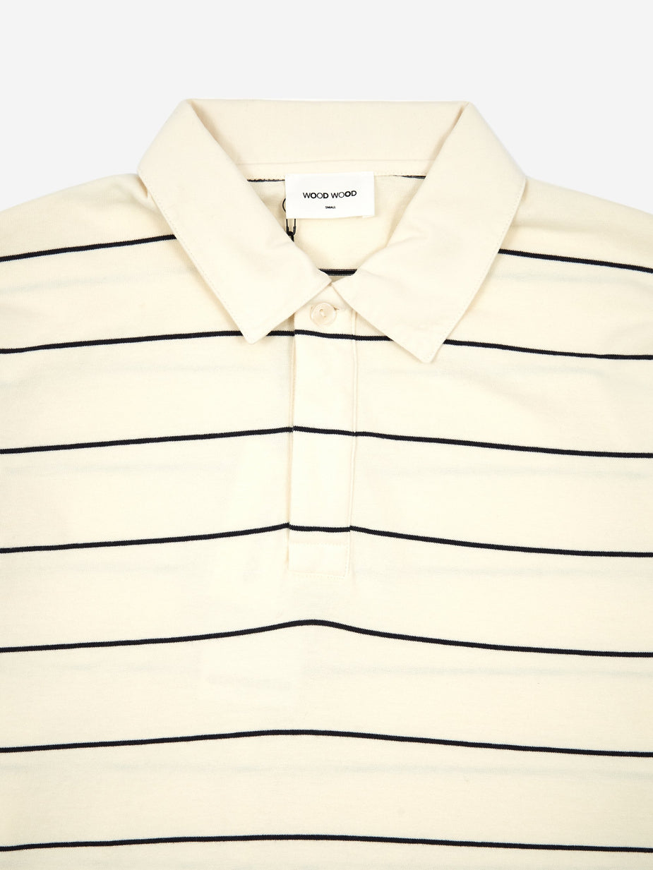 Wood Wood Wood Wood Beck Longsleeve Polo Top - Off White Stripe - White